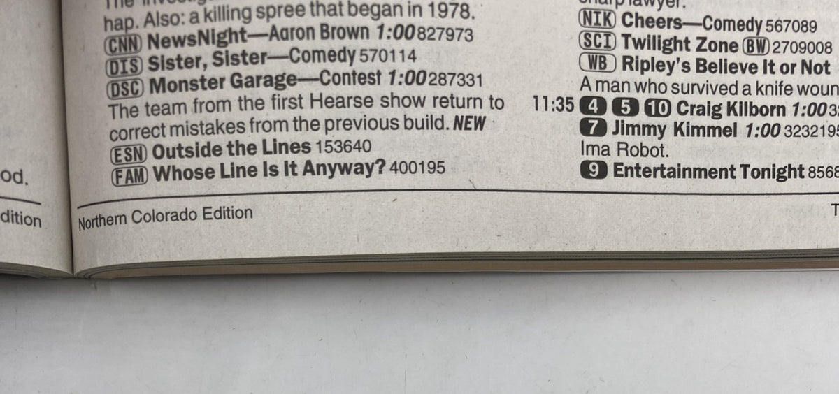 TV listings section from TV Guide Magazine October 25, 2003, including show details such as 'Outside the Lines' and 'Whose Line Is It Anyway?'. 