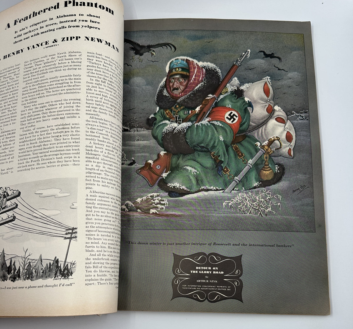 Illustration titled 'A Feathered Phantom' featured in Esquire Magazine April 1942, depicting a soldier in a humorous winter setting.