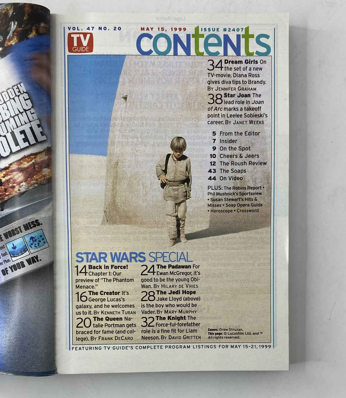 TV Guide Magazine May 15, 1999 cover featuring the Table of Contents including features on Star Wars: The Phantom Menace and the Padawan Obi-Wan played by Ewan McGregor.