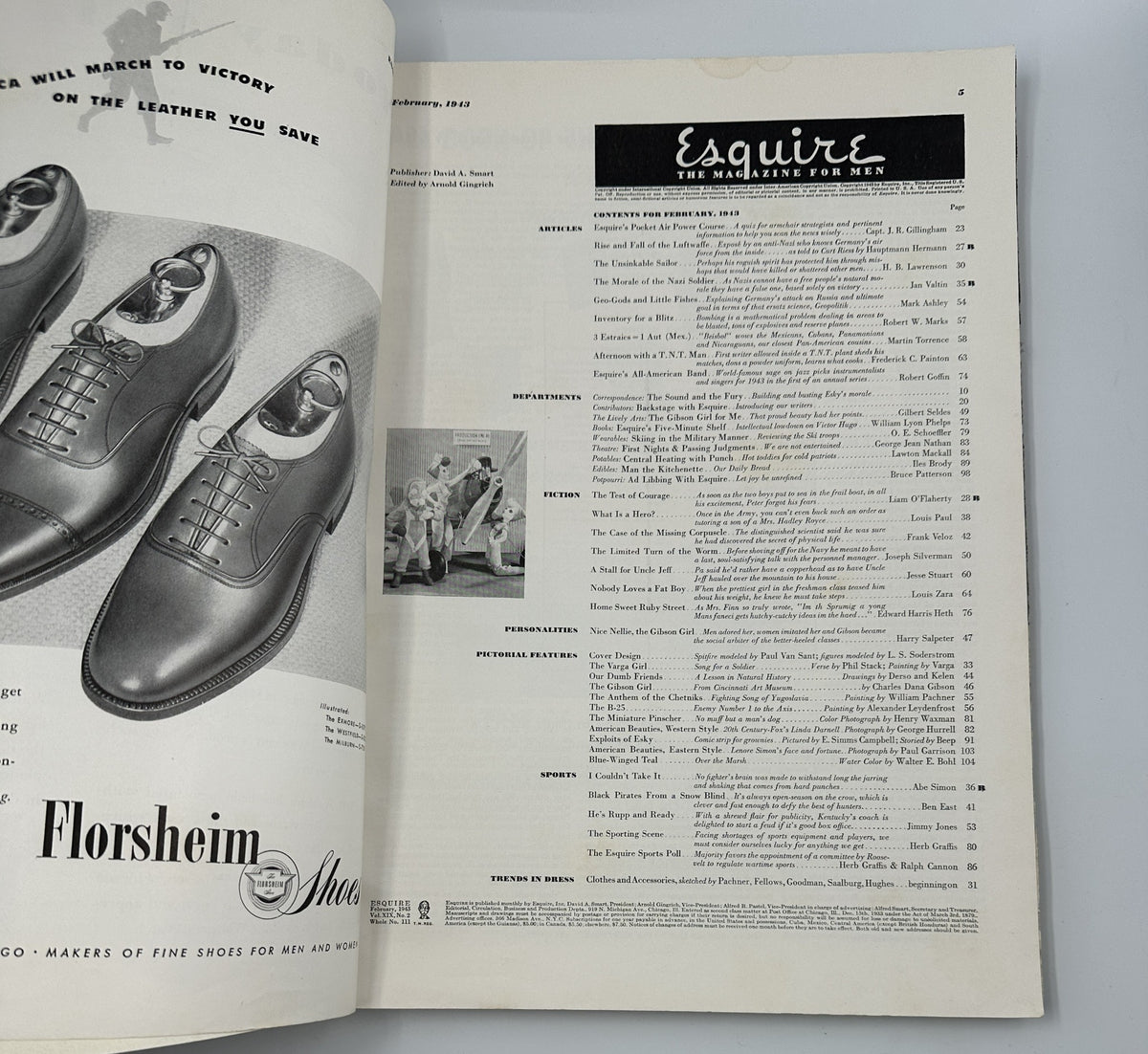 Inside page of Esquire Magazine February 1943 featuring an advertisement and table of contents, showcasing the magazine's focus on fashion, fiction, sports, and humor.