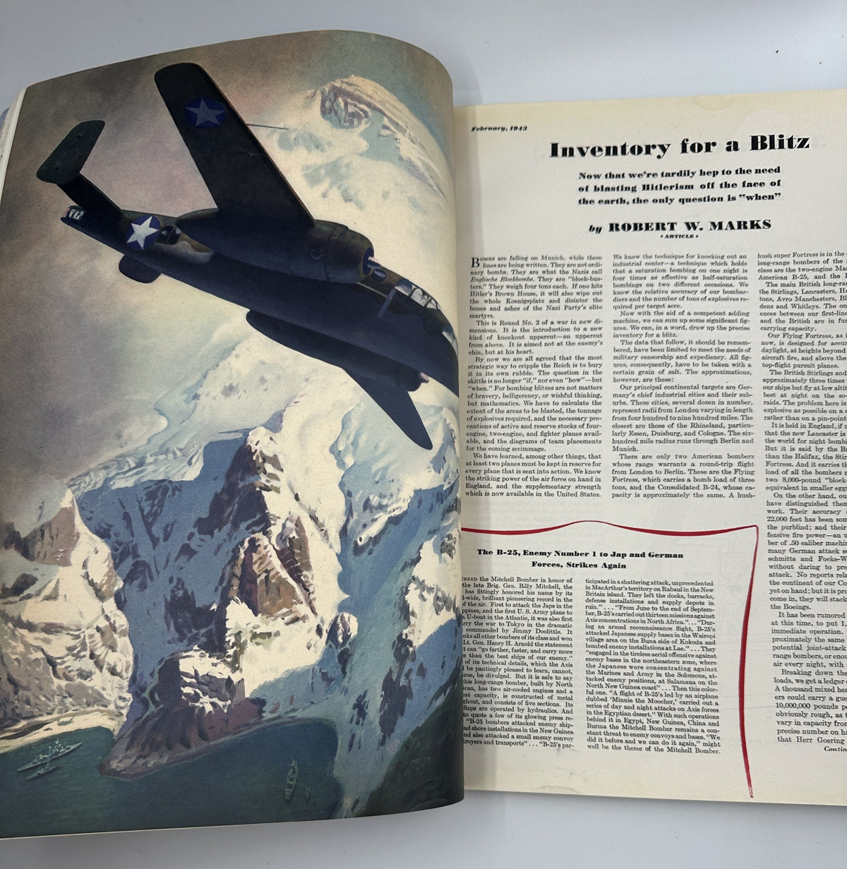 Illustration of a military aircraft flying over snowy mountains from Esquire Magazine February 1943, accompanying the article 'Inventory for a Blitz'.