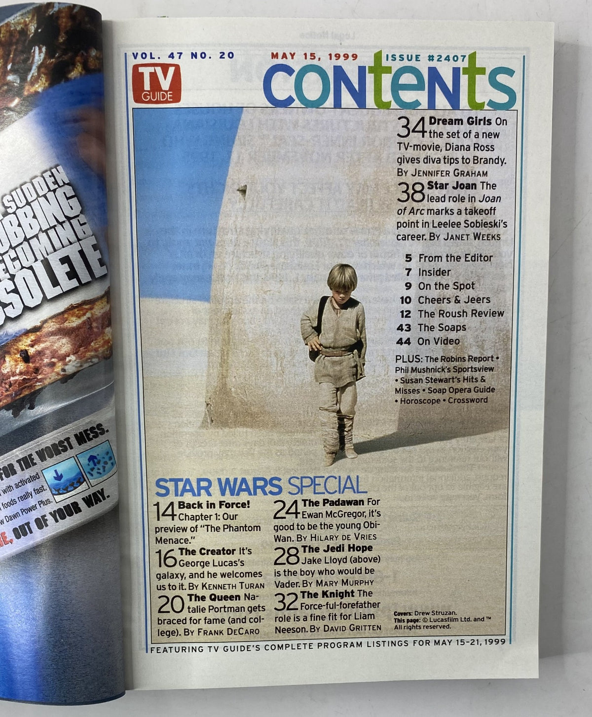 Table of Contents from TV Guide Magazine May 15, 1999, highlighting the Star Wars Special and listing featured articles related to The Phantom Menace.