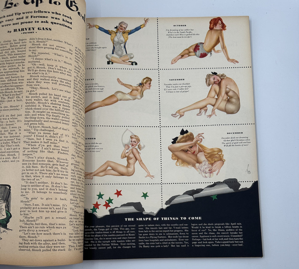 Esquire Magazine December 1943, visual collage of pinup models in various poses, showcasing the artistic representations of women, highlighted in the Christmas issue's 'Shape of Things to Come' feature.