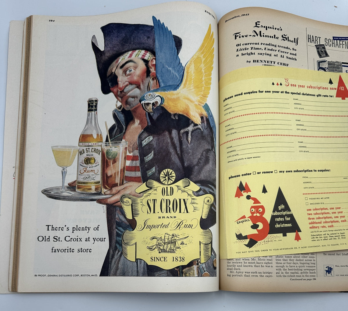 Esquire Magazine December 1943, advertisement featuring a comedic take with a pirate character holding a drink, paired with a promotion for Old St. Croix rum, illustrating the magazine's playful advertising style.