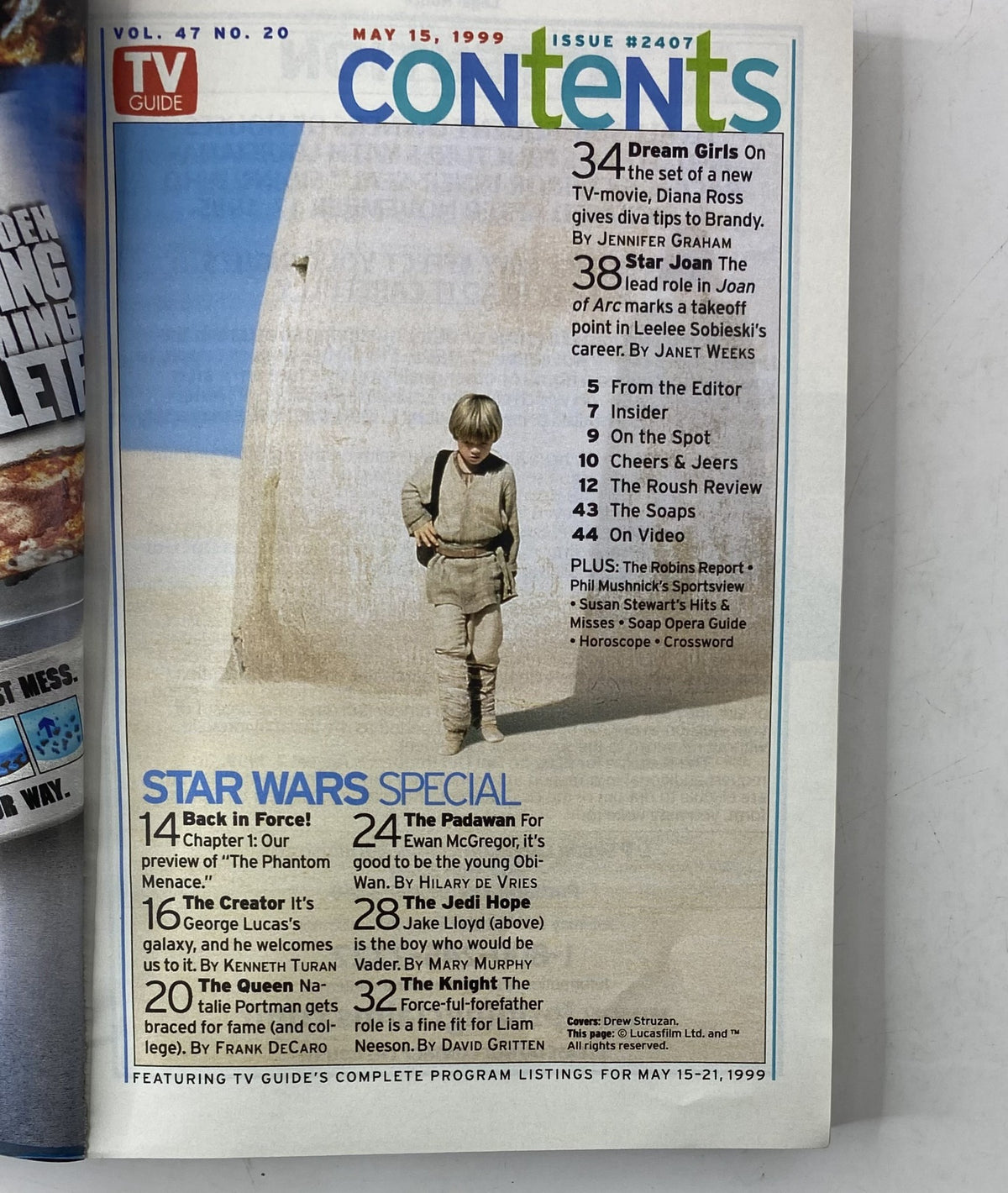 Contents page from TV Guide Magazine May 15, 1999 detailing feature articles related to Star Wars The Phantom Menace.
