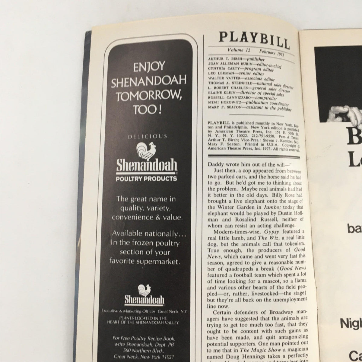 Interior page of the 1975 Playbill for Absurd Person Singular showcasing an advertisement for Shenandoah Poultry products.