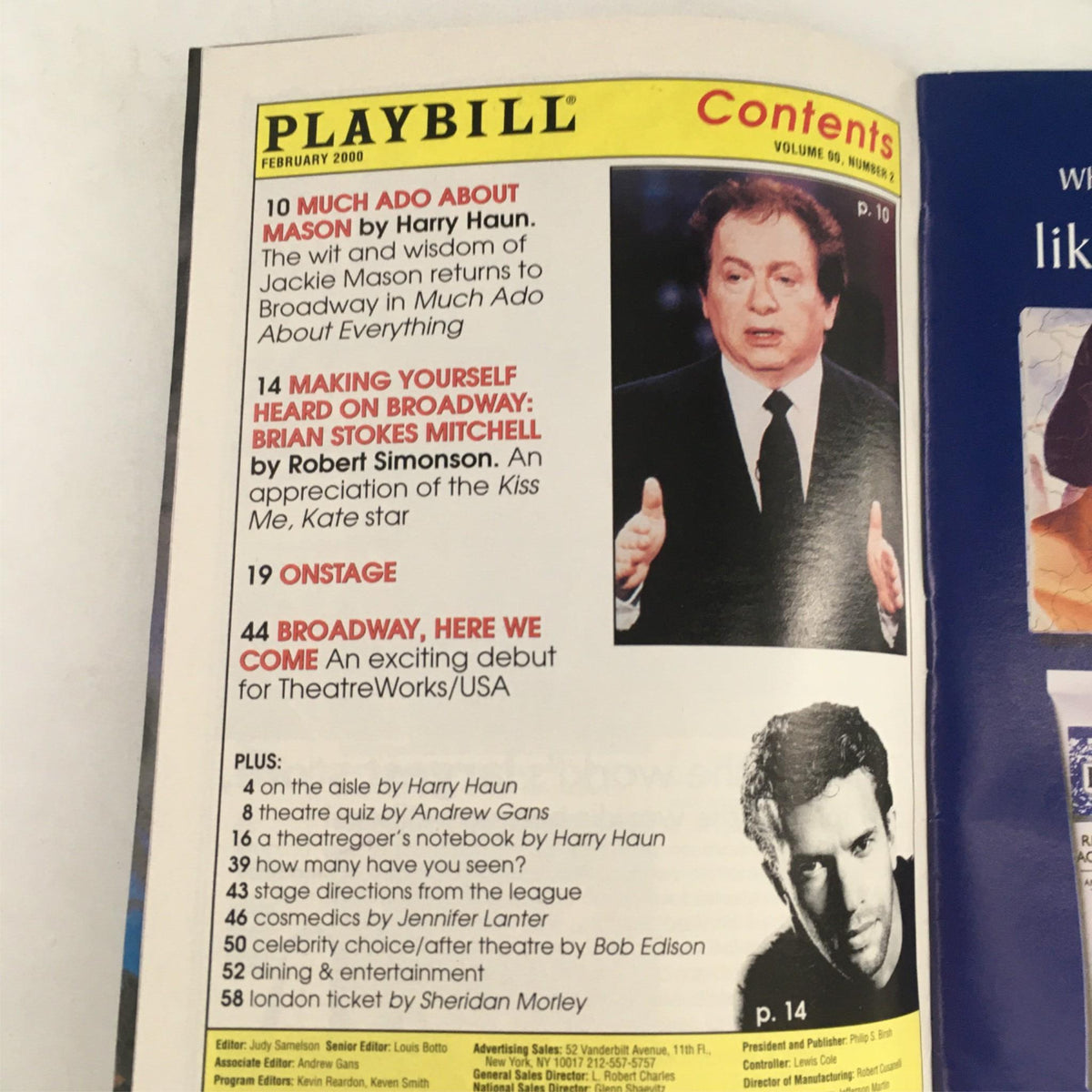 Inside page of the Playbill from February 2004, including articles and features related to theater, showcasing the contents list.