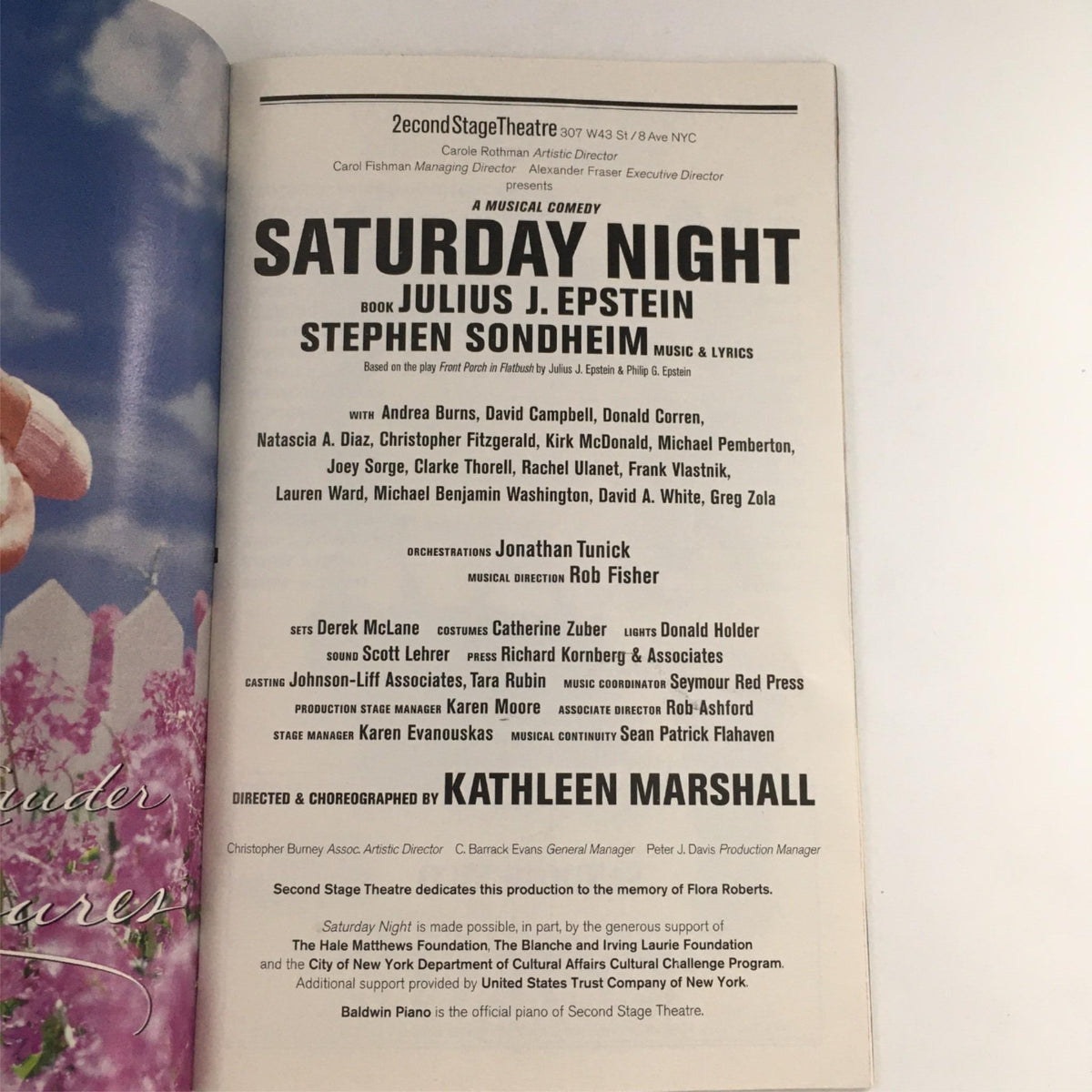 Another inside page of the Playbill for 'Saturday Night,' highlighting the cast and creative team, emphasizing the work of Julius Epstein and Kathleen Marshall.