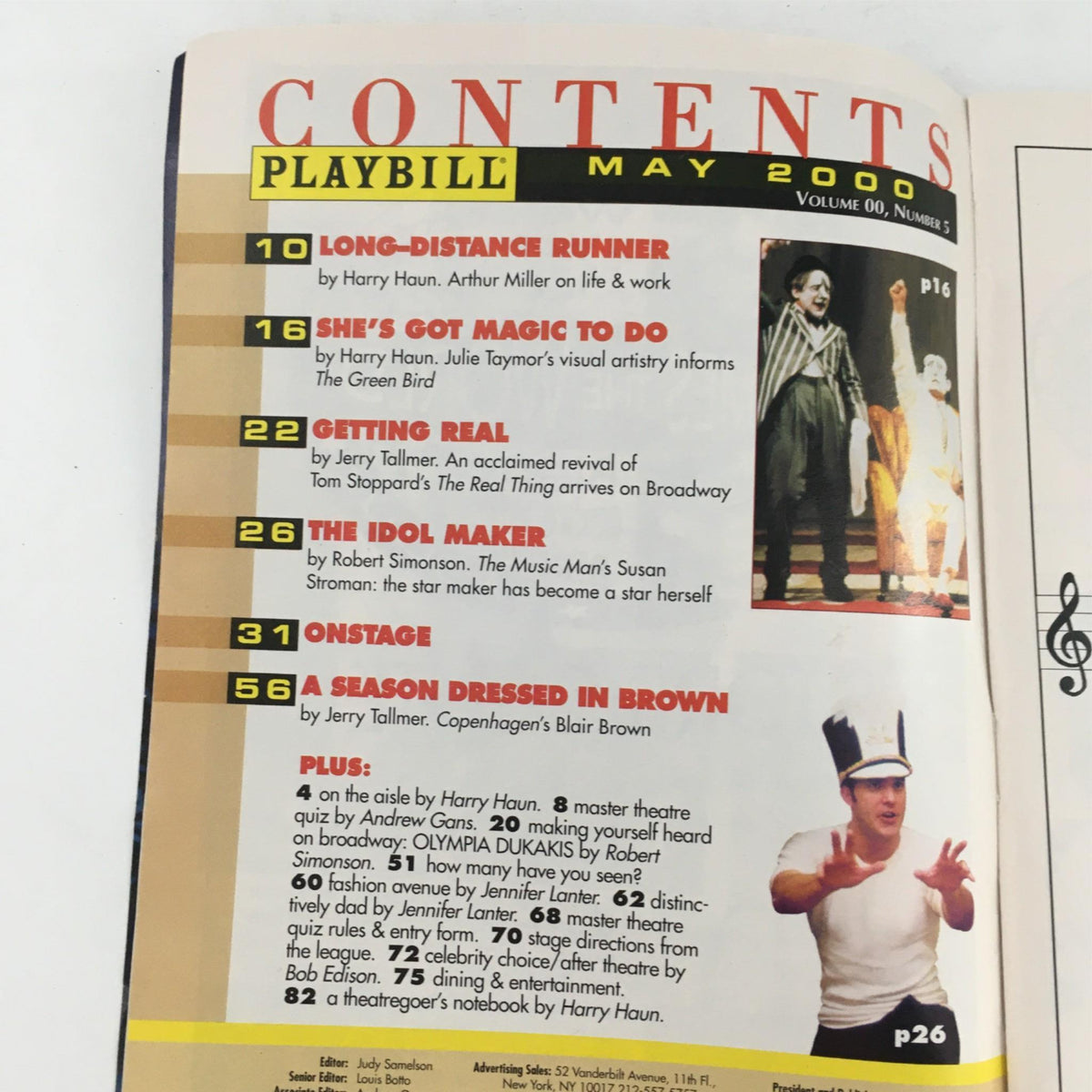 Contents page of the 2000 Playbill for 'The Real Thing,' listing features and articles related to the production and theatre events.