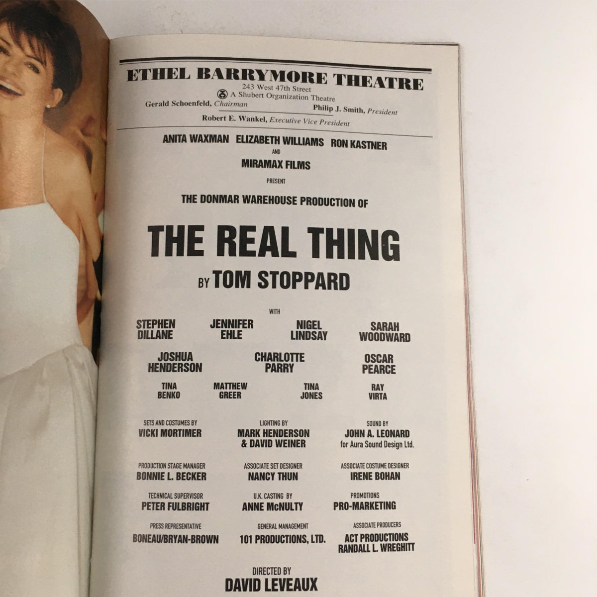 Credits page of the 2000 Playbill for 'The Real Thing' by Tom Stoppard, detailing the cast and production team at Ethel Barrymore Theatre.