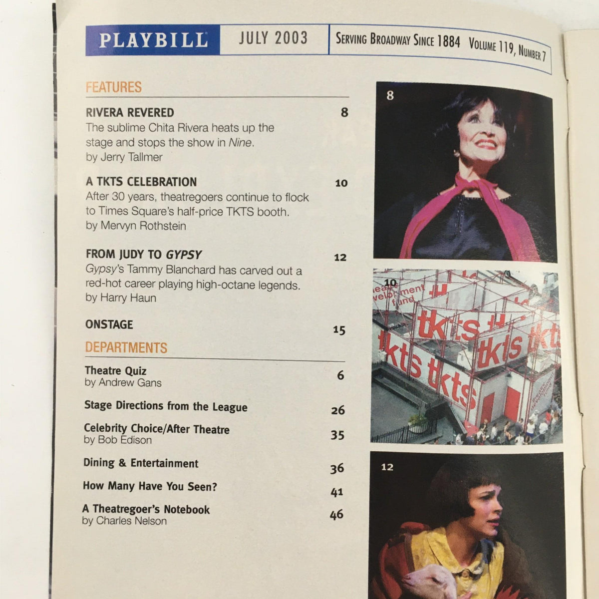 Inside page of the 2003 Playbill for The Producers, highlighting features and articles relevant to Broadway, including Chita Rivera.