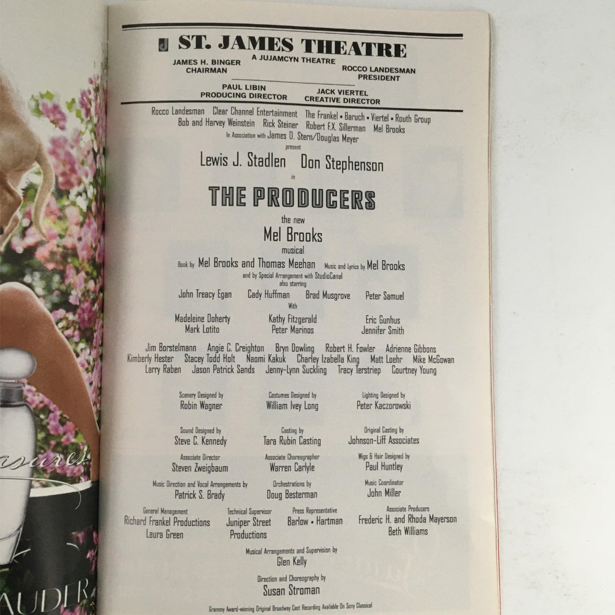 Detailed credits page of the 2003 Playbill for The Producers, listing the cast and creative team involved in the Mel Brooks musical at St. James Theatre.