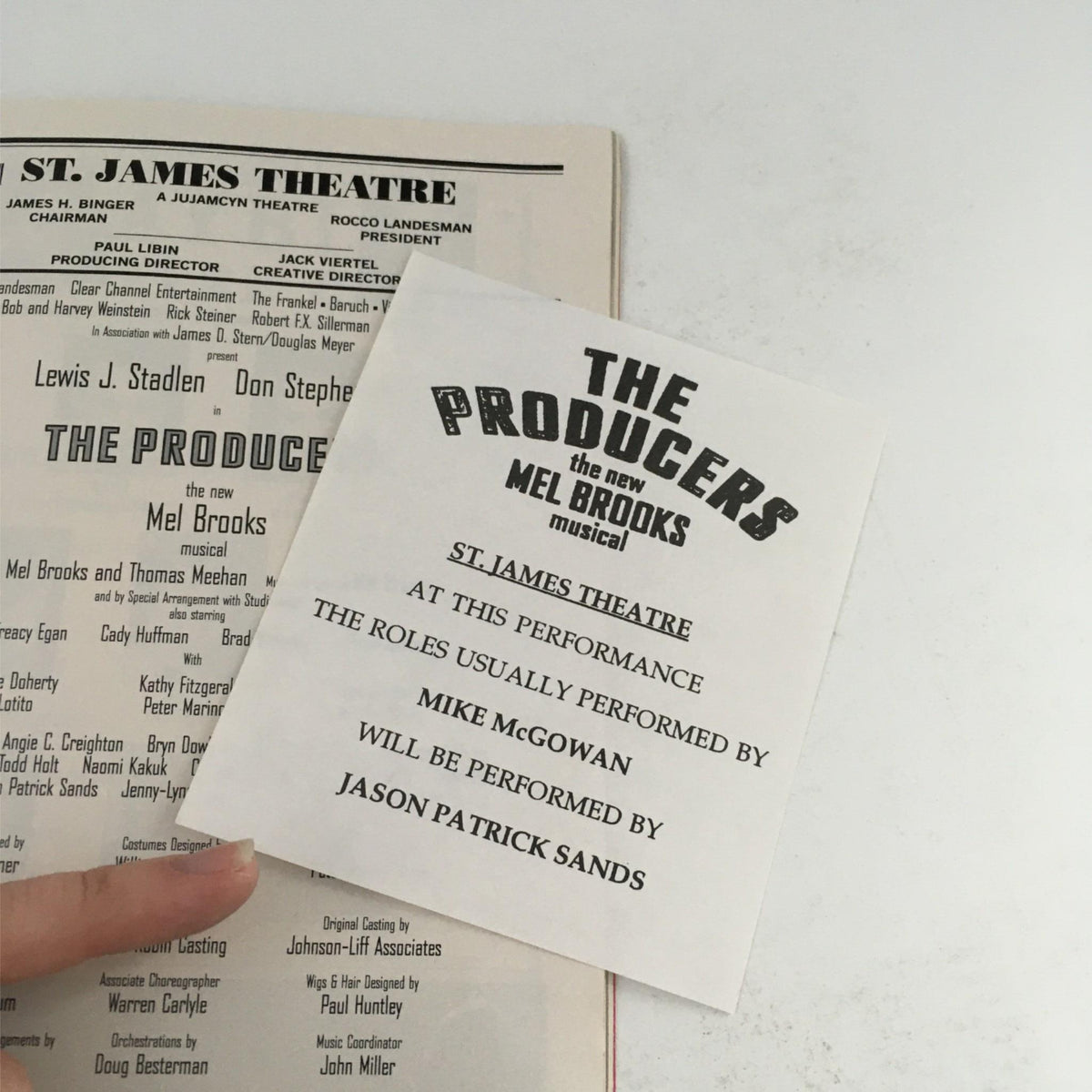 Close-up of the 2003 Playbill for 'The Producers' by Mel Brooks, featuring cast details and credits at St. James Theatre.