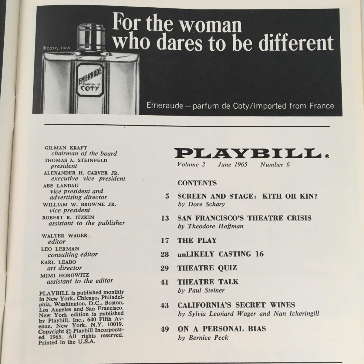 1965 Playbill for The Owl And The Pussycat by Arthur Storch features an advertisement for Emeraude perfume by Coty on the cover.