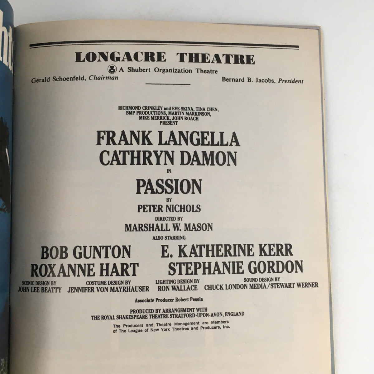 The credits page from the 1983 Playbill for Passion by Peter Nichols, listing the cast and production details at Longacre Theatre.