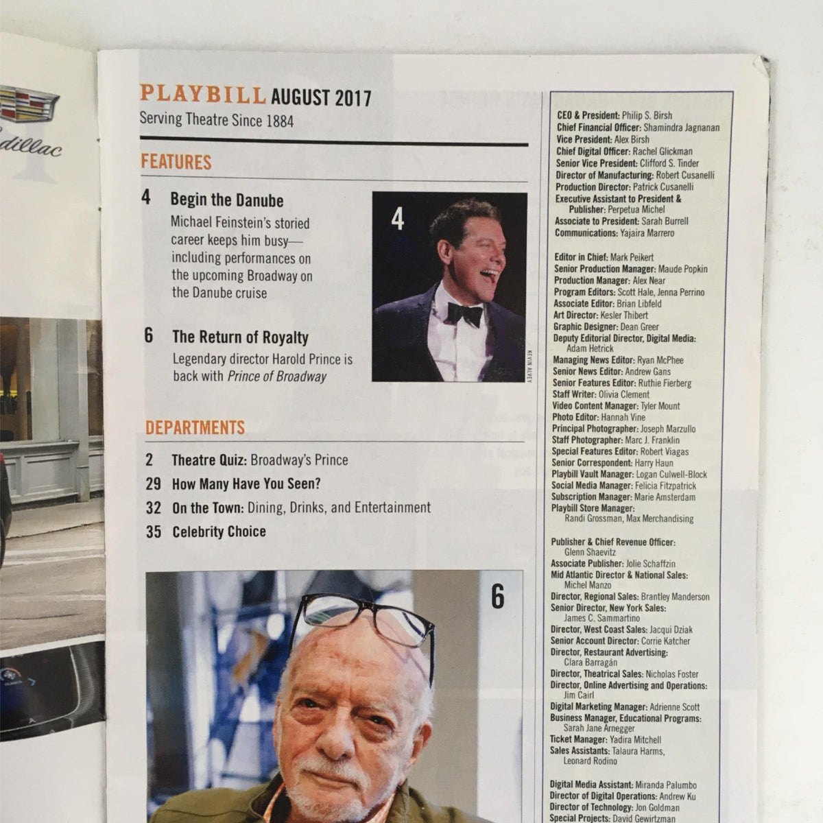 Inside the 2017 Playbill for The Phantom Of The Opera by Harold Prince, highlighting articles and features from August 2017.