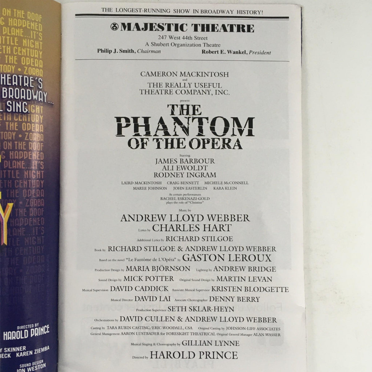 The cast page from the 2017 Playbill for The Phantom Of The Opera by Harold Prince, listing key performers and creative team.