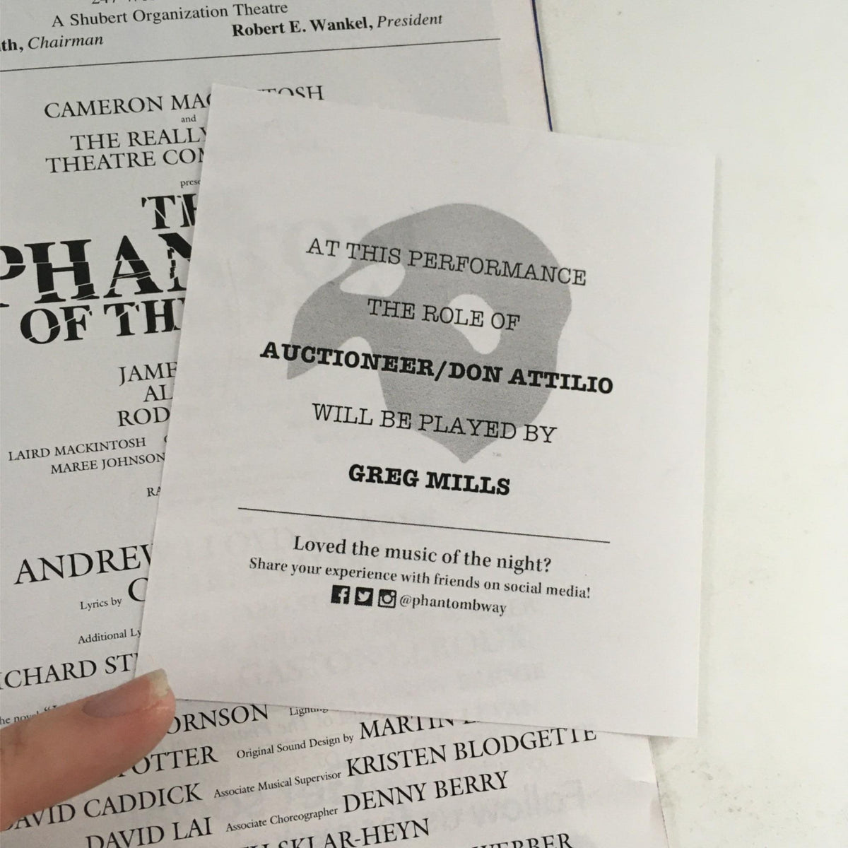A performance note from the 2017 Playbill for The Phantom Of The Opera by Harold Prince, announcing the role of Auctioneer/Don Attilio.