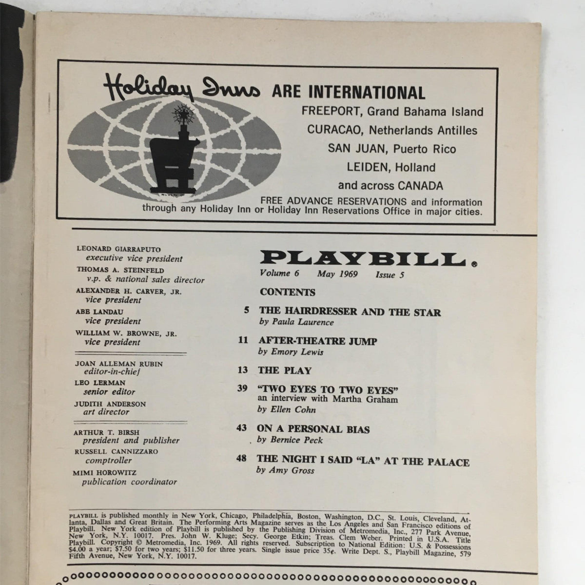 Inside page of the 1969 Playbill for 'Play It Again, Sam' by Woody Allen, detailing contents including theatre listings and productions at Broadhurst Theatre.