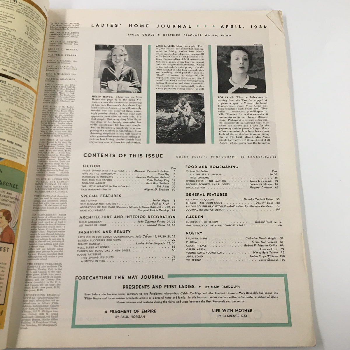 Interior page of Ladies' Home Journal Magazine for April 1936, showcasing the table of contents and illustrations that reflect the features and articles included in this vintage issue.