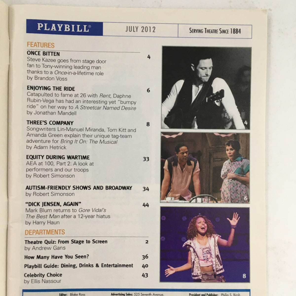 Inside page of the 2012 Playbill Nice Work If You Can Get It by Joe DiPietro, July edition, highlighting various features and articles related to Broadway productions.