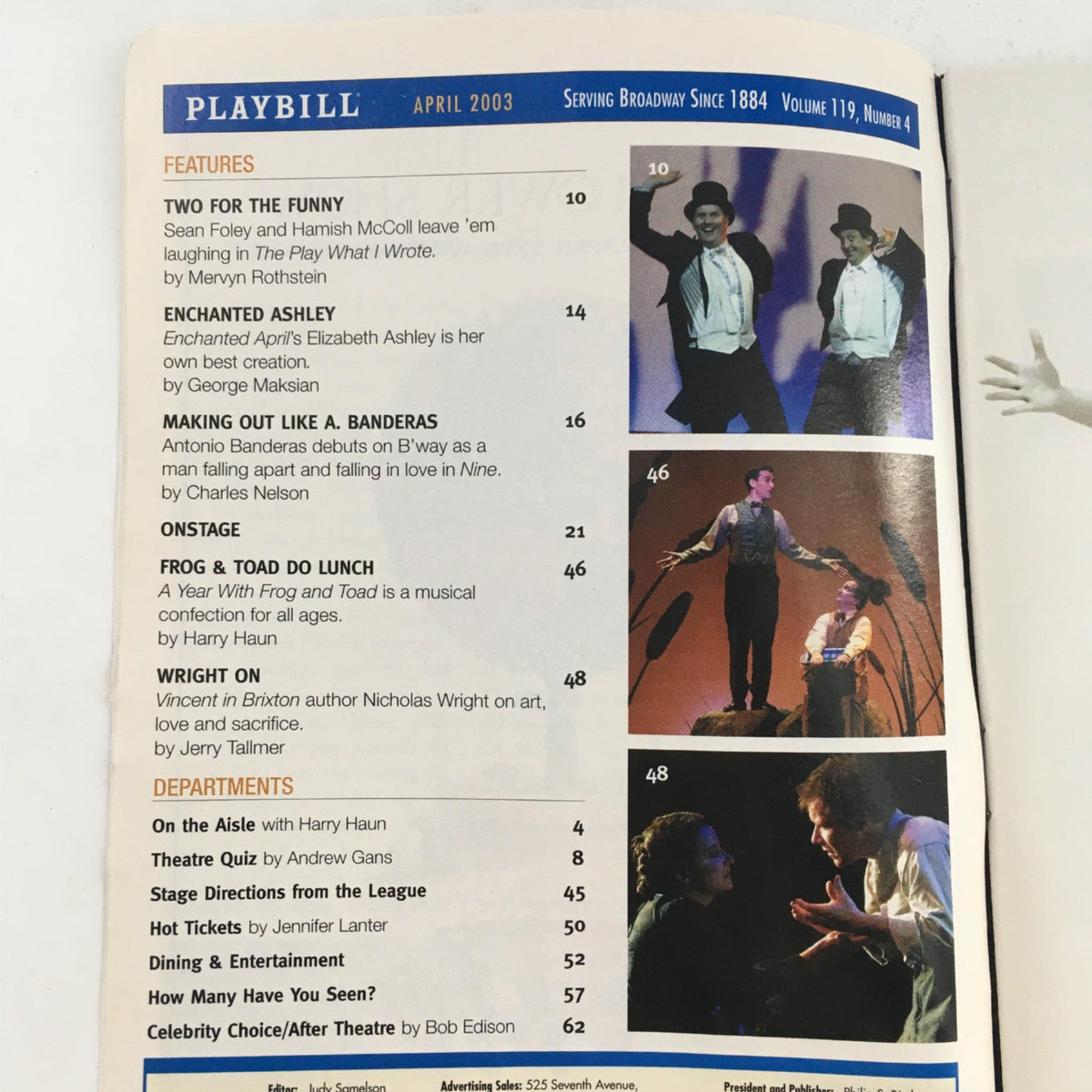 Inside page of the 2003 Playbill for 'The Play What I Wrote', showcasing features and articles relevant to the theatre production.