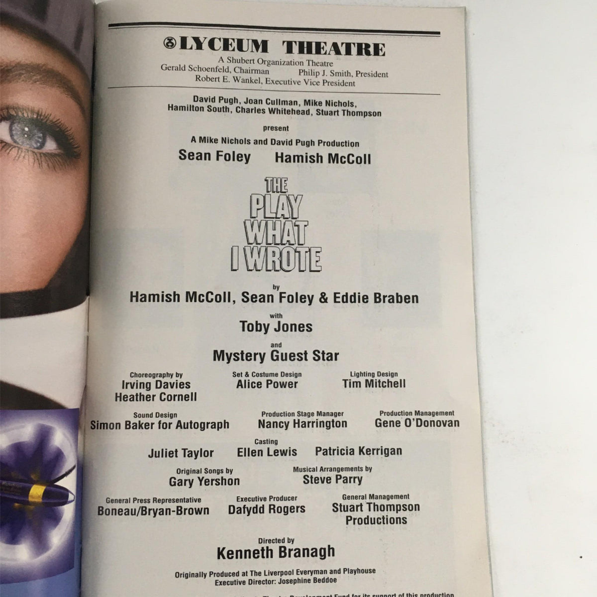 Credits page of the 2003 Playbill for 'The Play What I Wrote' by Kenneth Branagh, listing the cast and production team.