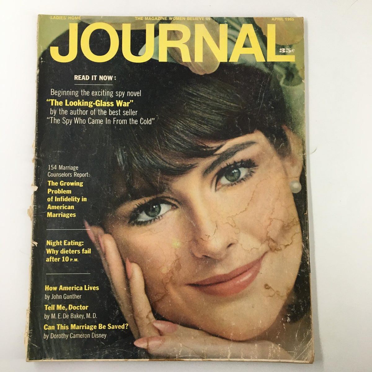 Ladies' Home Journal Magazine April 1965 featuring a cover photo of Anne-Marie Barden with a retro design and articles including 'The Looking-Glass War' and tips on marriage. Vintage magazine in good condition with signs of wear.