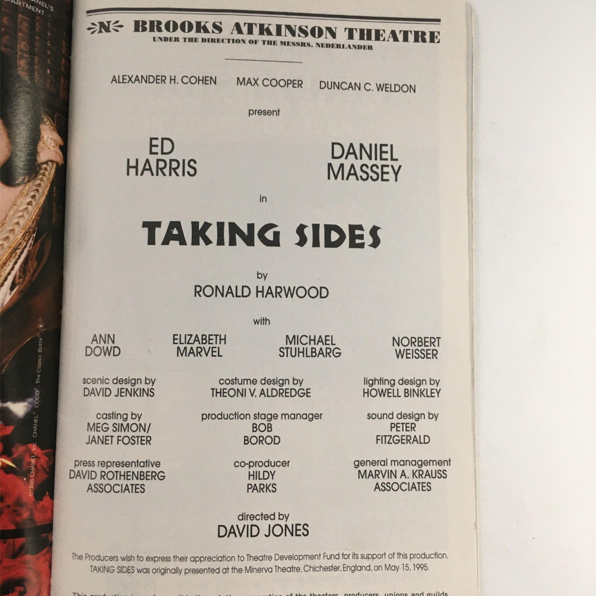 Credits page in the 1996 Playbill for 'Taking Sides,' listing the cast and crew, including Ed Harris and Daniel Massey.