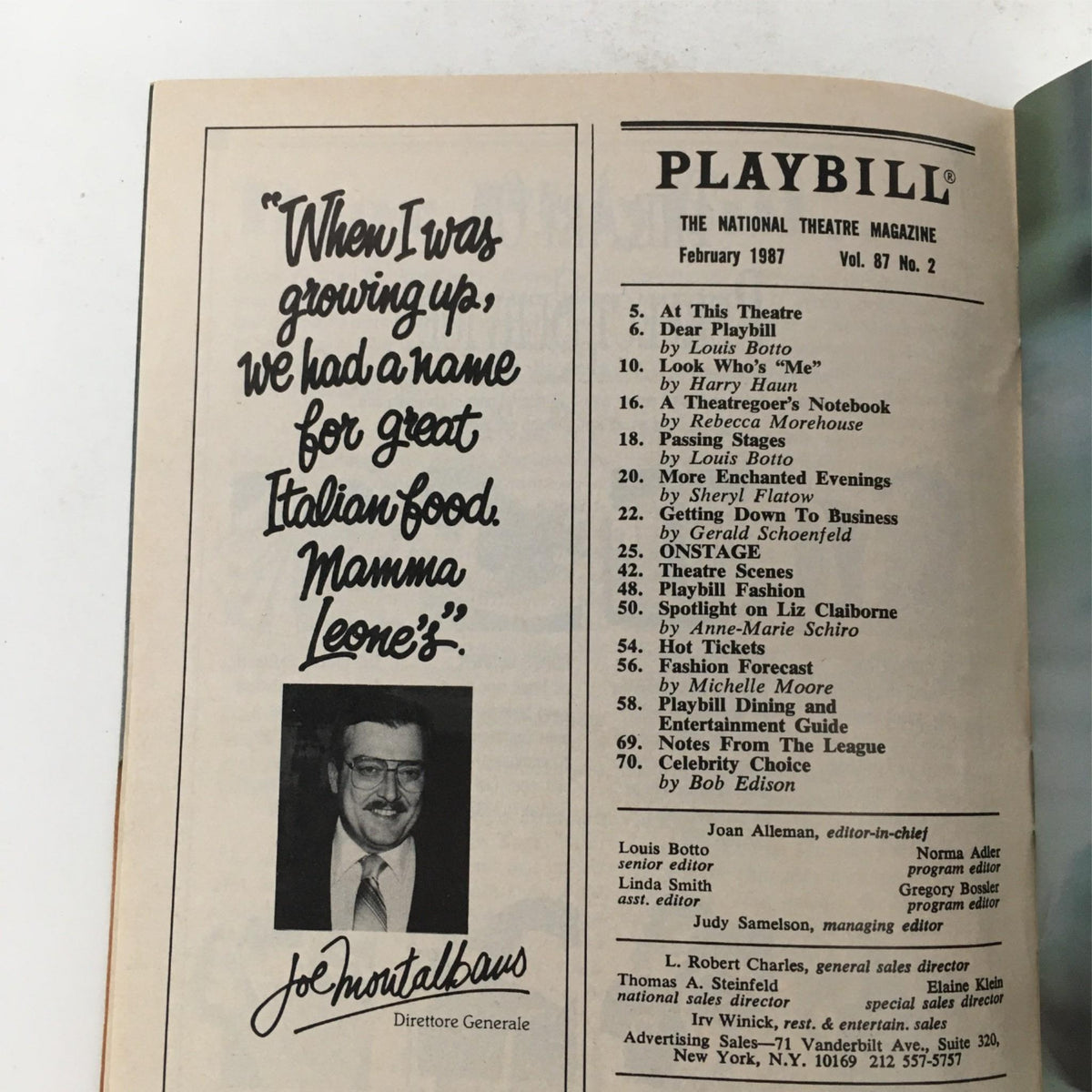 Interior page of the 1987 Playbill for 'Social Security', displaying an advertisement and a quote related to Italian food.