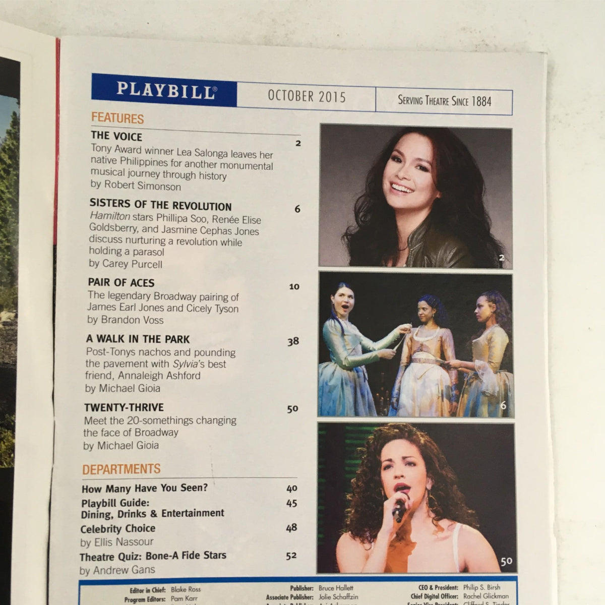 Playbill for Something Rotten, October 2015, showcasing features including The Voice, Sisters of the Revolution, and notable Broadway performances. Good condition with minor wear.