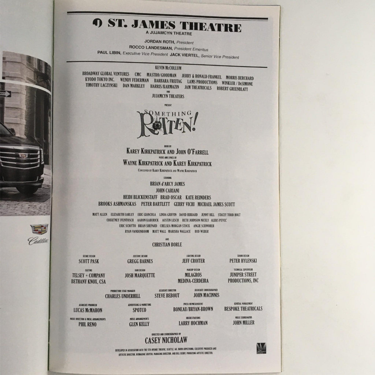 Back cover of the Playbill for Something Rotten at St. James Theatre featuring production details and cast members of the show.