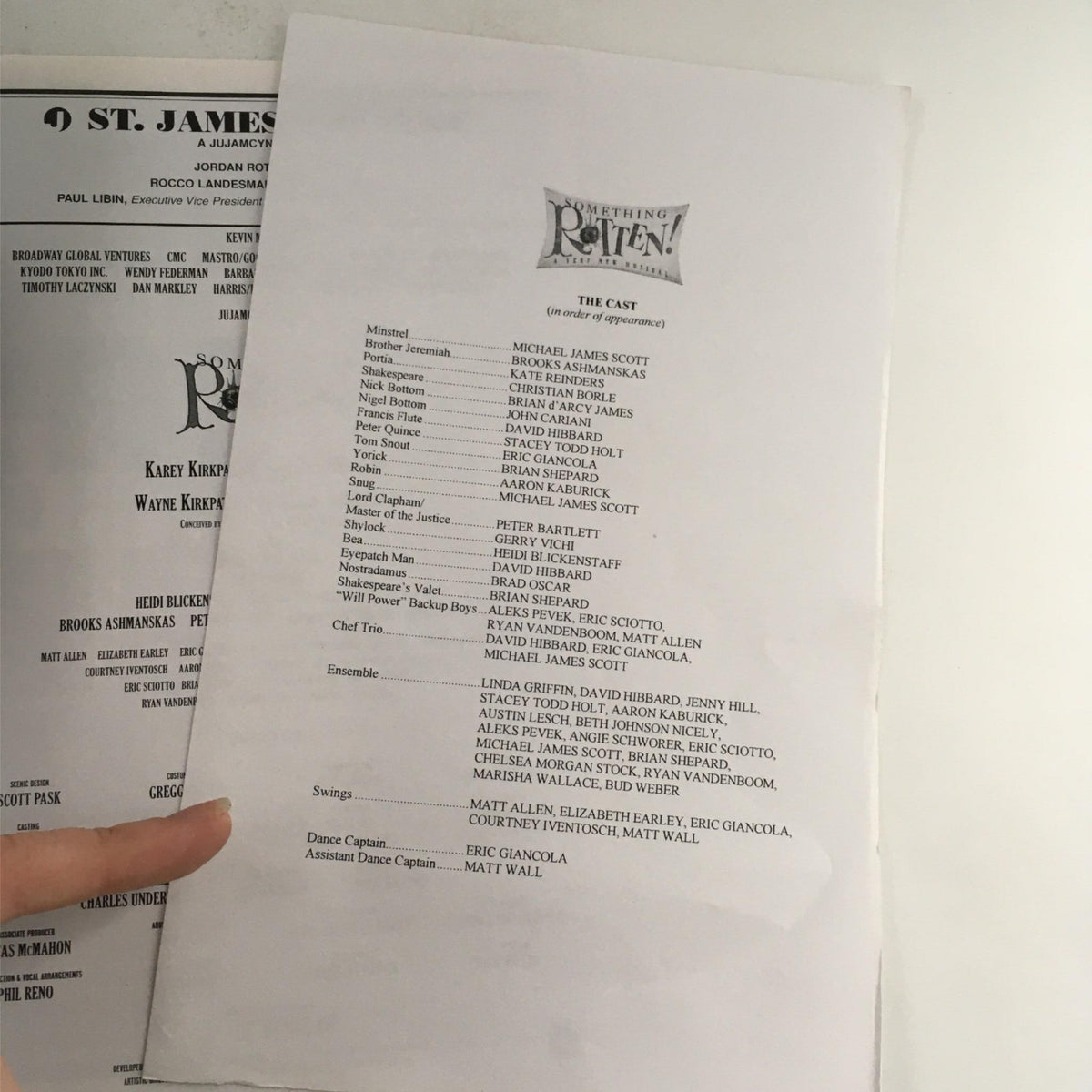 Page from the Playbill for Something Rotten listing the cast and crew, highlighting the musical's performers and key production staff.