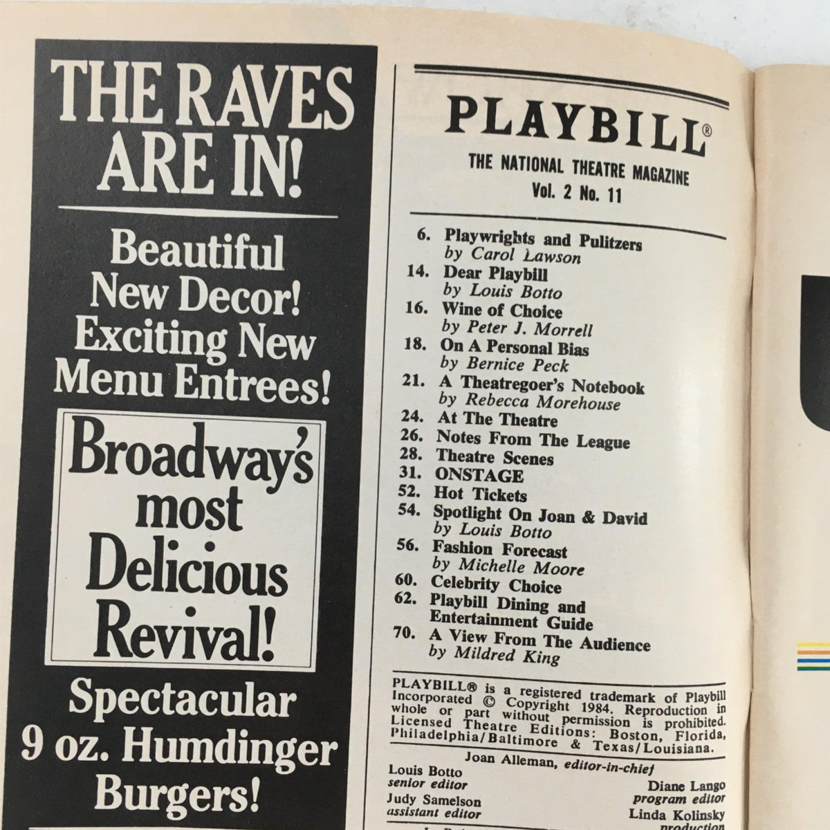 Interior page of the Playbill for 'My One And Only' highlighting notable contributors, including Carol Lawson and Louis Botto, showcasing the magazine's engagement with Broadway.