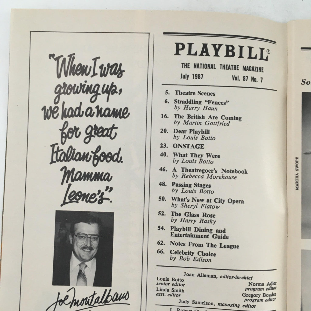 Inside page of the July 1987 Playbill, showcasing an advertisement and articles related to theater.