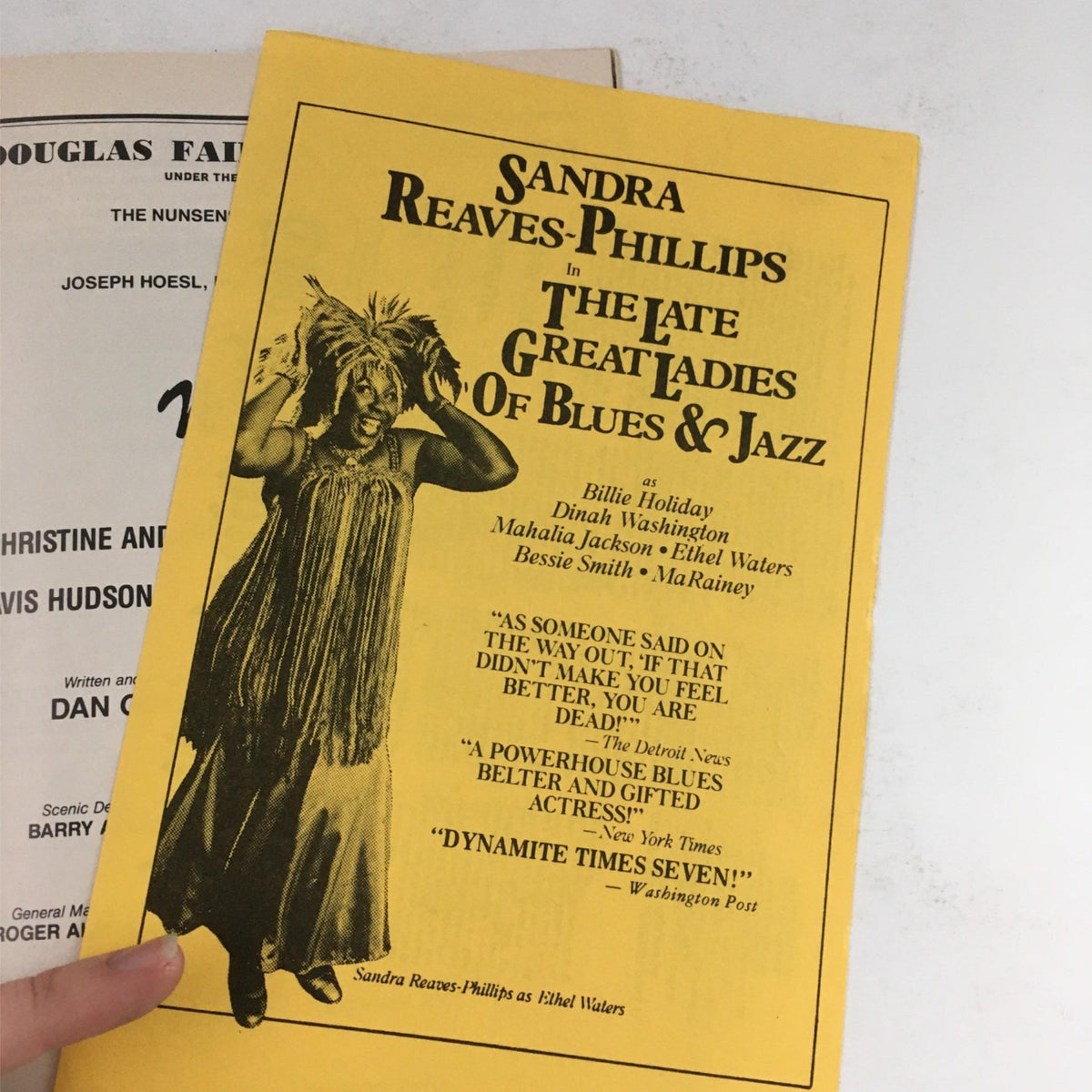 Advertisement page in the Playbill for Sandra Reaves-Phillips in The Late Great Ladies of Blues & Jazz, highlighting her role as Billie Holiday.