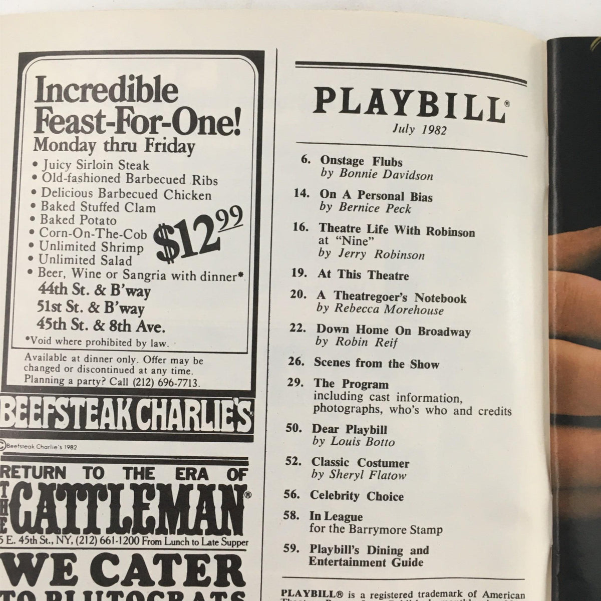Inside page of the 1982 Playbill for '42nd Street,' featuring a list of productions and articles from July 1982, highlighting the era's Broadway entertainment culture.