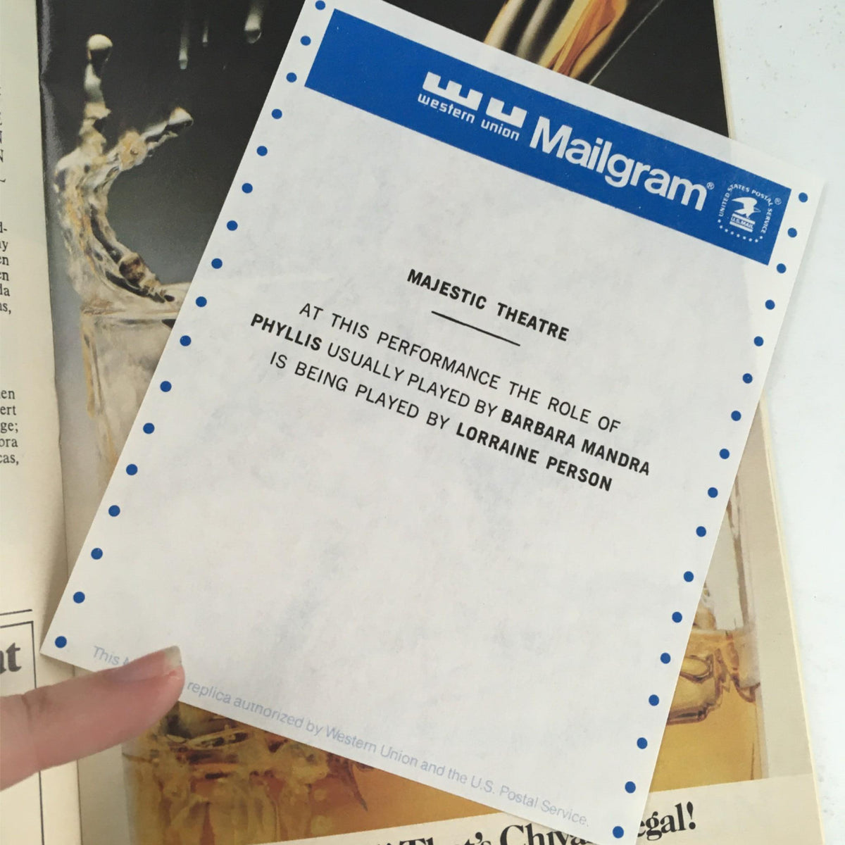Mailgram from Majestic Theatre announcing a cast change for 42nd Street, indicating Lorraine Person as the performer for the role of Phyllis.