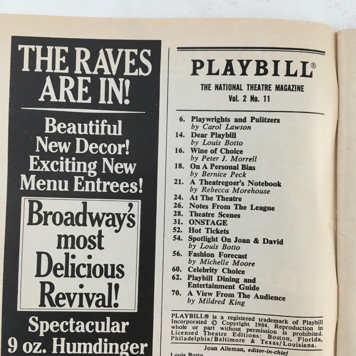 Inside view of the 1984 Playbill for Nureyev and Friends, displaying a page with advertisements and a table of contents for the theater magazine.