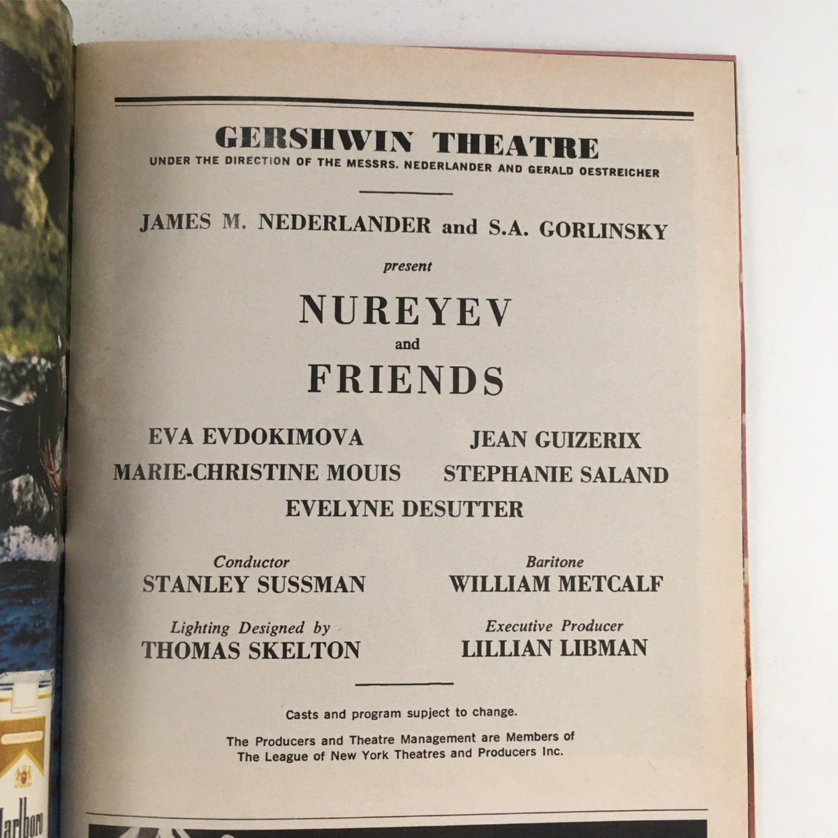 Program details from the 1984 Playbill for Nureyev and Friends, listing performers and staff at the Gershwin Theatre.