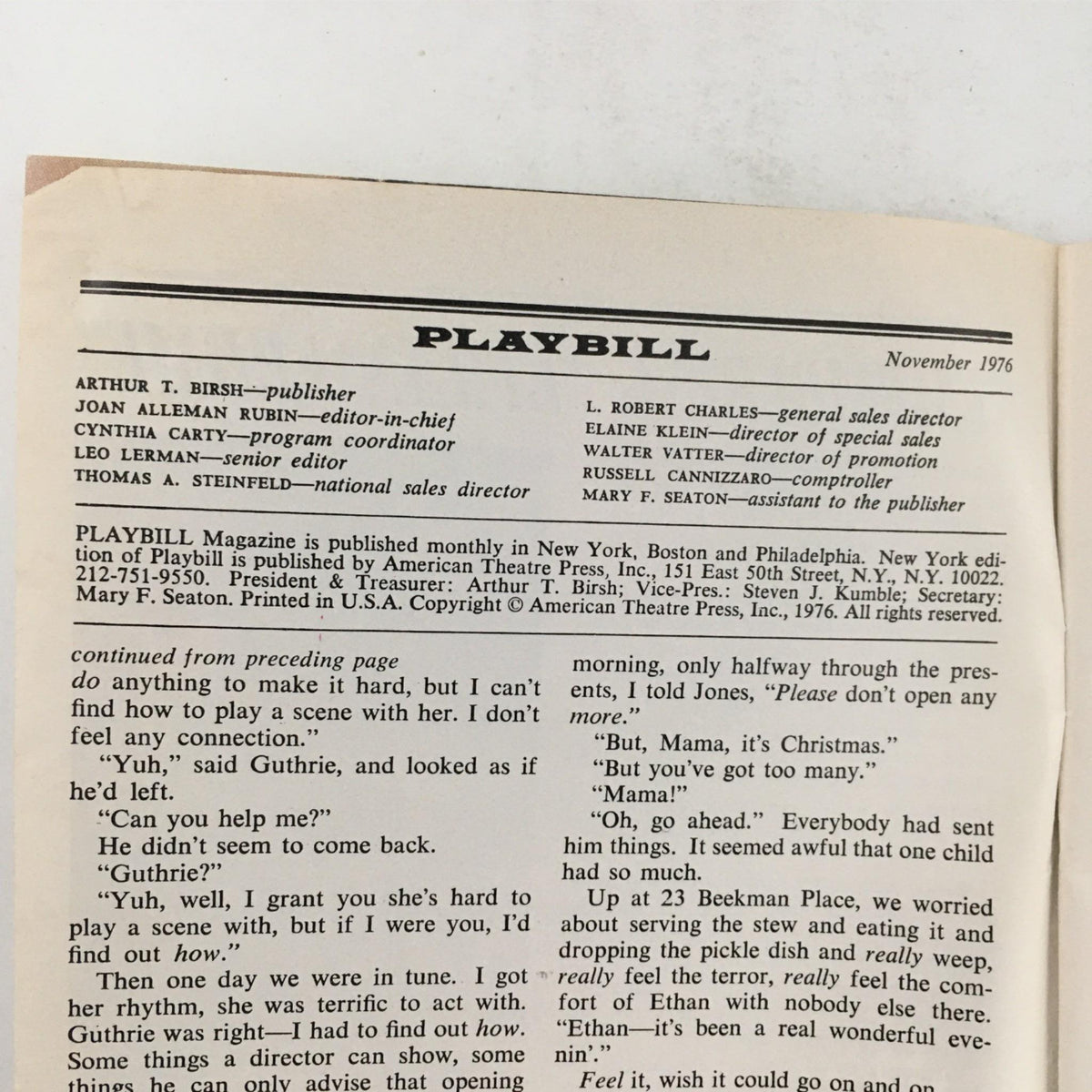 Inside page of the 1976 Playbill for The Wiz, featuring the names of contributors and production staff, presenting a glimpse of the theatre program's features.