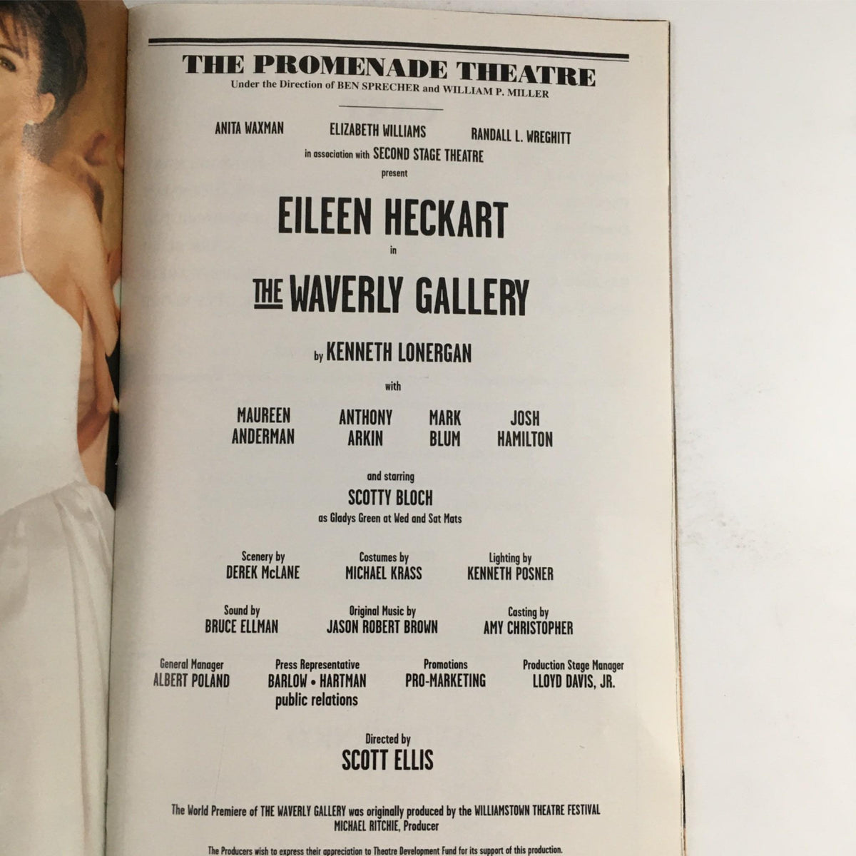 Credits and cast details for The Waverly Gallery from the Promenade Theatre, highlighting Eileen Heckart and director Scott Ellis.