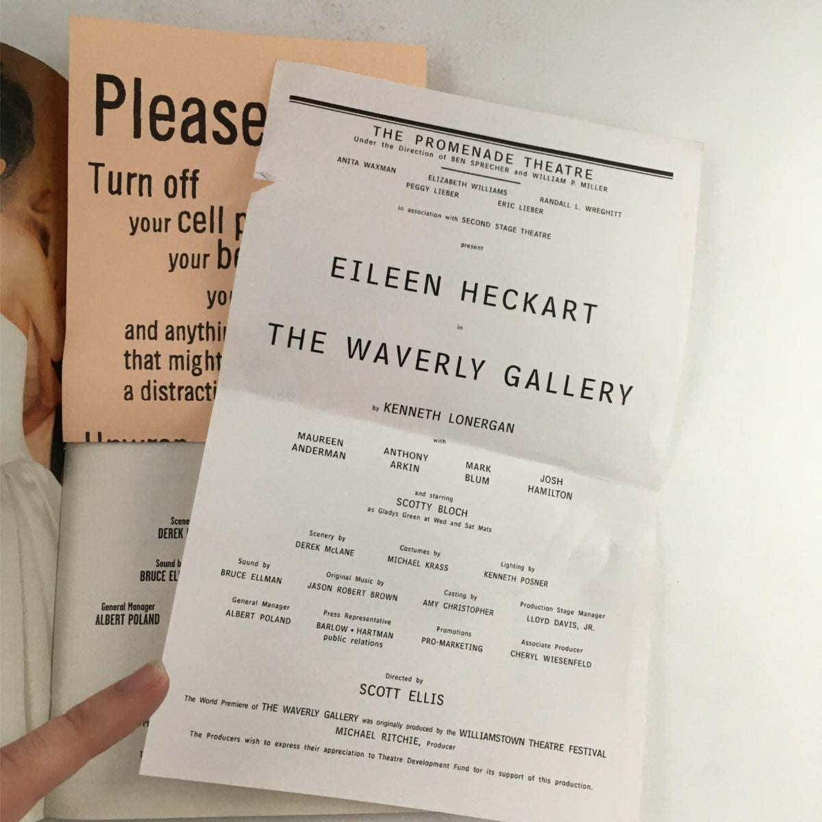 Insert from The Waverly Gallery Playbill mentioning cell phone etiquette and additional credits related to the production.