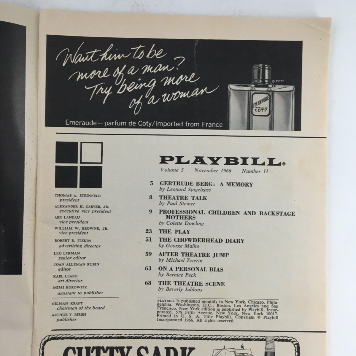 Interior page of the 1966 Playbill for 'Wait Until Dark', showcasing the table of contents and articles related to theatrical performances.