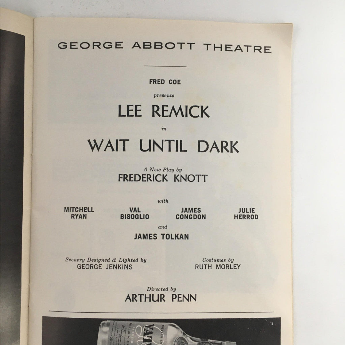 1966 Playbill for 'Wait Until Dark' at George Abbott Theatre featuring Lee Remick, written by Frederick Knott and directed by Arthur Penn, showcasing the main cast and production details.