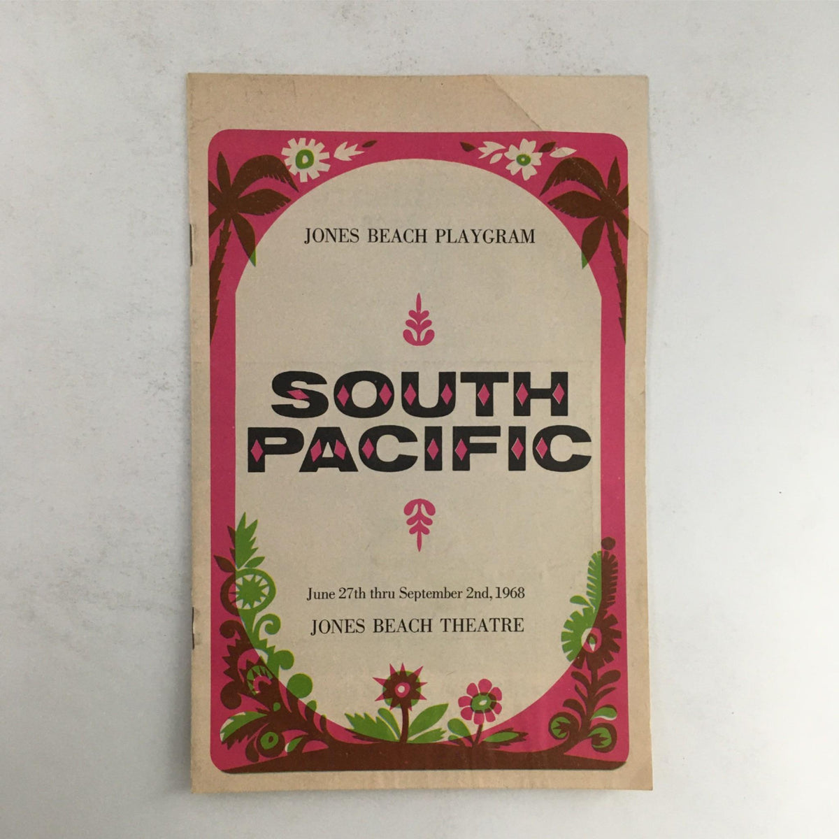 1969 Jones Beach Playgram for South Pacific featuring colorful floral designs and vintage typography, capturing the essence of the classic musical performed by Guy Lombardo at Jones Beach Theatre.