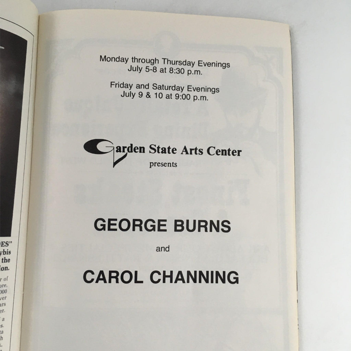 1976 George Burns and Carol Channing at Garden State Arts Theater event program cover featuring performance details and schedule.