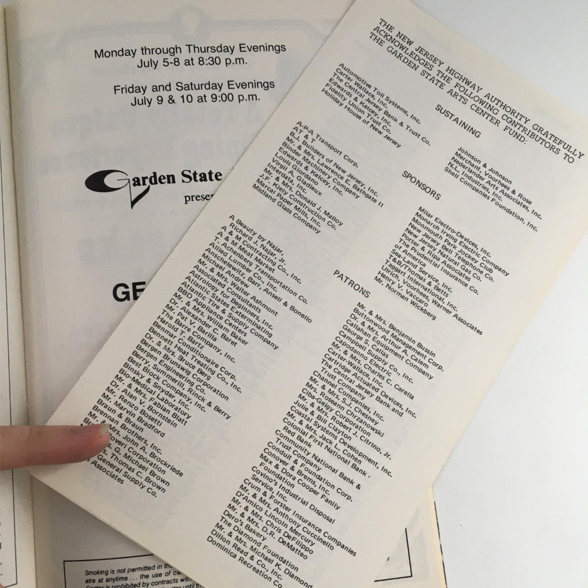 1976 George Burns and Carol Channing at Garden State Arts Theater event program interior listing sponsors and patrons of the performance.