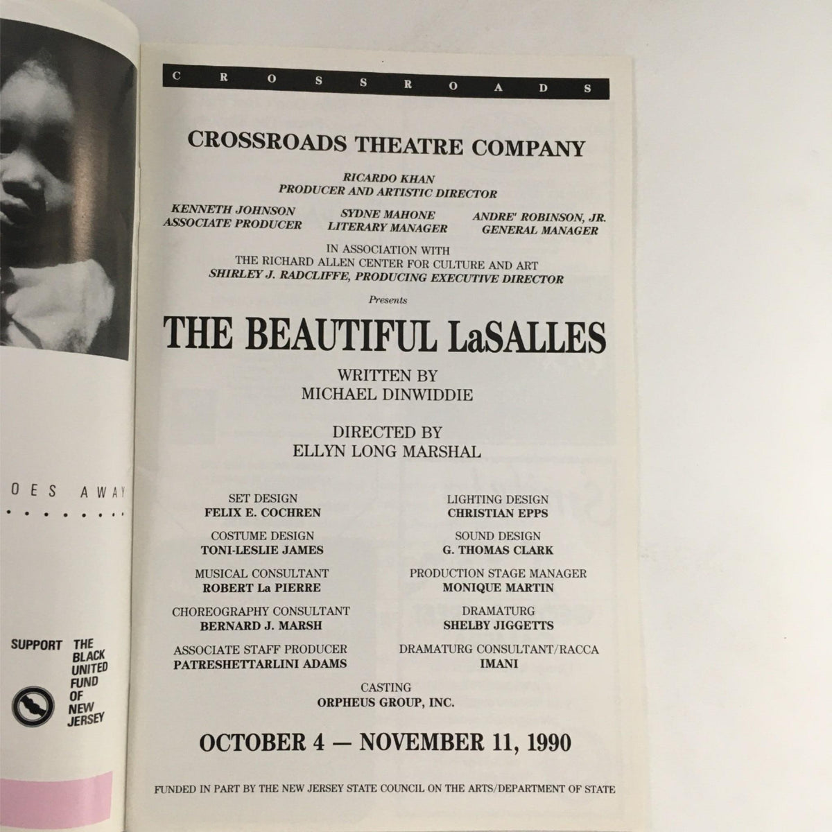 Interior page from 'The Beautiful LaSalles' by Michael Dinwiddie, showcasing production details including cast and crew information, presented by Crossroads Theatre Company.