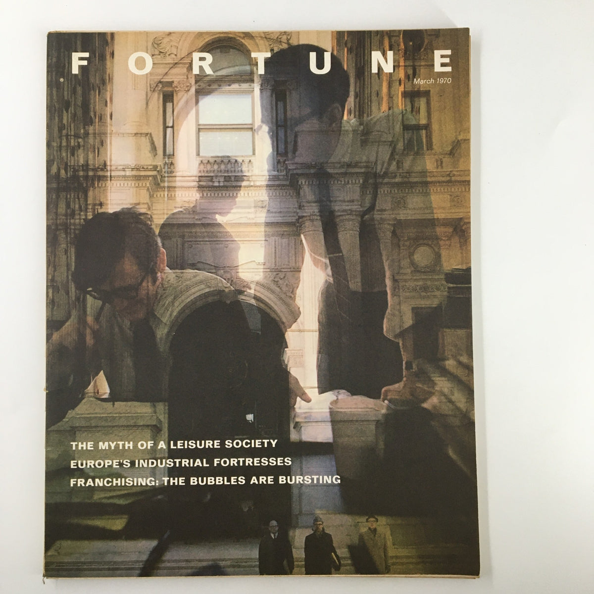 Cover of VTG Fortune Magazine March 1970 showcasing the theme 'The Myth of Leisure Society'. Features an artistic composition emphasizing societal themes with blurred figures in an office setting.